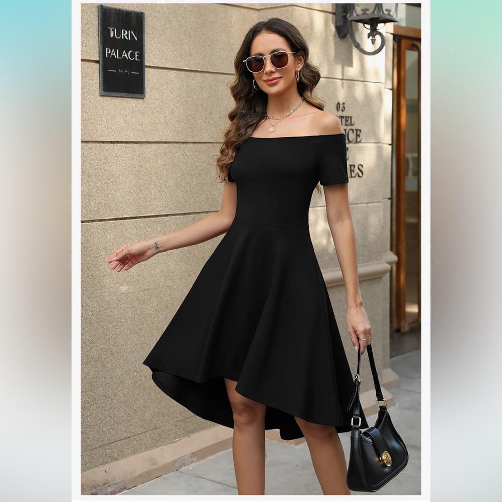 Sarin Mathews Womens Off Shoulder, Short Sleeve, High Low, Cocktail Skater Dress